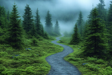 Misty Forest Path Winds Through Lush Greenery Serenely on a Cloudy Day