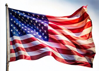 Fototapeta premium Surreal American Flag Photography, Abstract Stars Stripes, Patriotism Image, USA Flag Art, White Background, Artistic Flag Design