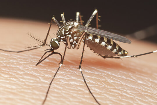 A striped Aedes mosquito biting a person's skin, with its legs and wings clearly visible, with copy space. Soft natural lighting. 