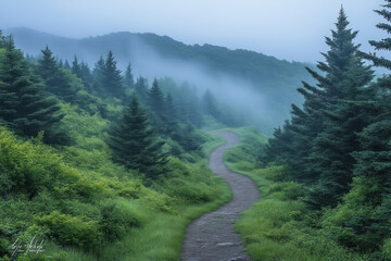 Obraz premium Fog Rolls Through Trees on Lush Green Mountain Trail Gently and Serenely.
