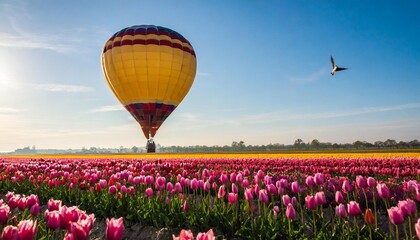 Fototapeta premium Romantic Hot Air Balloon Over a Field of Tulips at Sunrise