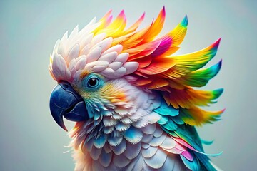 Obraz premium Surreal Cockatoo Parrot Bird, White Background, Fantasy Avian, Magical Bird, Dreamlike Photography, Isolated Cockatoo, Whimsical Parrot