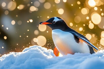 Fototapeta premium Two adorable penguin chicks waddle side-by-side on a sandy beach.. Beautiful simple AI generated image