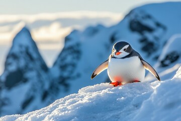 Obraz premium Standing on a pastel-colored background with soft focus, the adorable toy penguin creates a playful and whimsical scene.. Beautiful simple AI generated image