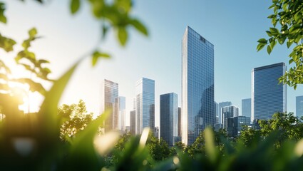 A stunning urban skyline serenely harmonizing with nature, capturing the essence of modern architecture set against a vibrant dawn backdrop of hopeful tranquility.