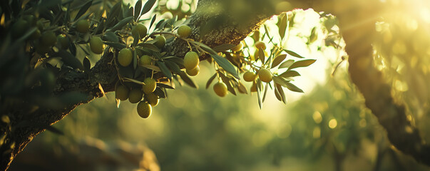 Closeup of olive fruit on tree branch. Olive garden and sunlight background design. Mediterranean old olive trees growing