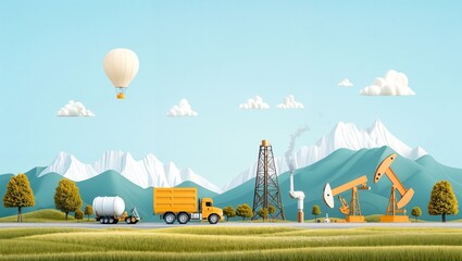 A vibrant industrial landscape featuring a bright yellow truck, oil pumps, smokestacks, and a serene backdrop of mountains under a sky dotted with fluffy clouds.