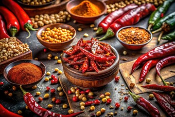 Fototapeta premium High-resolution image: Vibrant mala spice paste, dried chilies, and seeds â€“ the heart of authentic street food.