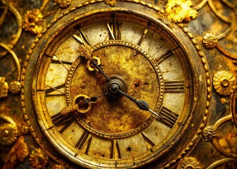 Fototapeta premium Surreal Gilded Clock Face: Antique Timepiece Closeup, Worn Gold, Decaying Elegance, Vintage Clock