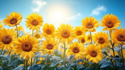 Obraz premium A vibrant field of sunflowers basking in sunlight under a clear blue sky.