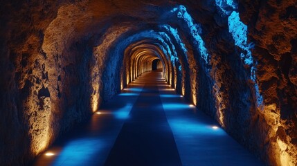 Fototapeta premium Mysterious Tunnel with Blue Lighting and Stone Walls in an Underground Location