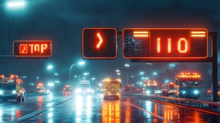 Obraz premium Rainy night highway; illuminated signs, emergency vehicles.