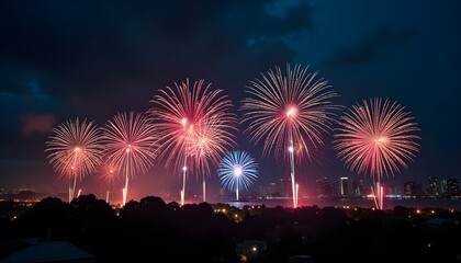 colorful fireworks at night to welcome new year, a happy New year realistic background 