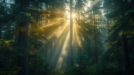 Golden sun rays breaking through trees in misty forest nature photography tranquil environment serene viewpoint