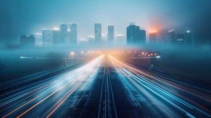 Cityscape at Night: Highway Lights and Foggy Skyline