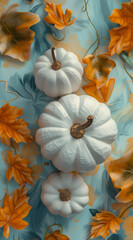 Pumpkins and orange flowers with leaves. Digital art capturing an autumn scene with vibrant colors.