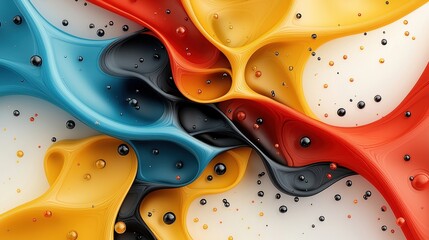 Obraz premium An intricate fractal design in red, yellow, blue, and black colors, with a shiny, textured acrylic fluid drop mix creating a symmetrical and futuristic abstract art background.