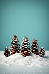 A set of five pine cones are displayed on a layer of snow, with a plain teal background