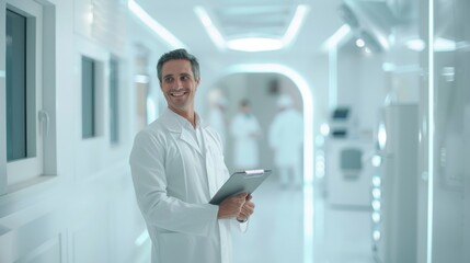 Smiling Doctor in Modern Hospital Corridor
