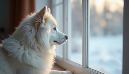 Fluffy white dog gazing out the window, contemplative mood, winter scenery, warm indoor setting
