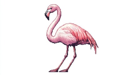 Fototapeta premium Side view of a pink flamingo, digitally rendered in a pixelated style, with detailed plumage and long legs.