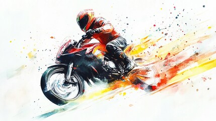 Watercolor Painting of a Motorcycle Racer in Motion