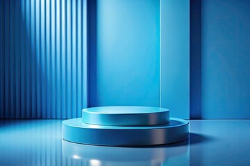 Macro backdrop: a minimalist blue podium for cosmetic product display.  3D rendered for pristine product shots.