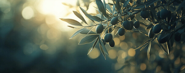 Closeup of olive fruit on tree branch. Olive garden and sunlight background design. Mediterranean old olive trees growing