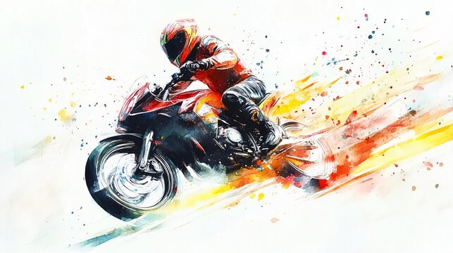 Watercolor Painting of a Motorcycle Racer in Motion