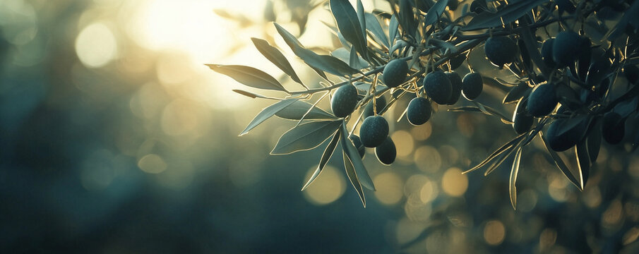 Closeup of olive fruit on tree branch. Olive garden and sunlight background design. Mediterranean old olive trees growing