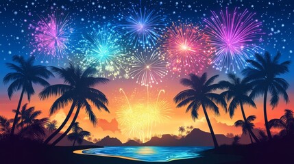 Tropical Beach Fireworks Night Spectacular Display