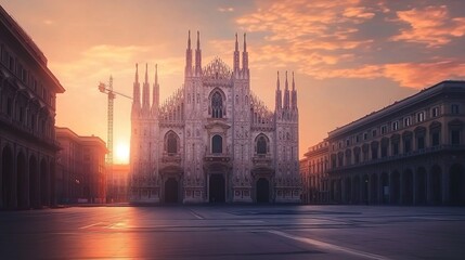 Obraz premium The majestic Duomo in Milan, Italy at sunrise with the square and buildings in front of it. 