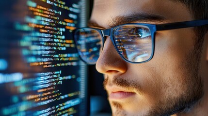 The close up image depicts a male face wearing glasses, intensely focused on a computer screen displaying complex digital code