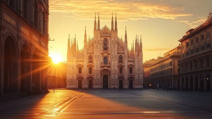 Fototapeta premium The majestic Duomo in Milan, Italy at sunrise with the square and buildings in front of it. 