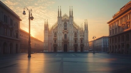 Fototapeta premium The majestic Duomo in Milan, Italy at sunrise with the square and buildings in front of it. 
