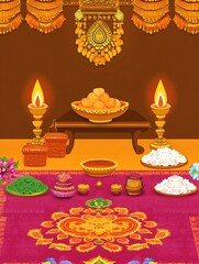 A photo of a traditional Diwali setup with oil lamps, sweets, and vibrant rangoli designs. 