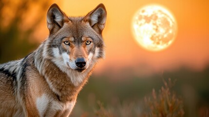 The shadowy silhouette of a lone wolf stands starkly against the backdrop of a glowing full moon, its piercing eyes reflecting the mysterious and primal essence of the nocturnal predator.