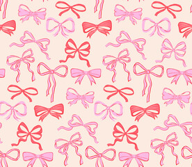 Seamless pattern of hand drawn bows, ribbons. Art, design pattern, background, print