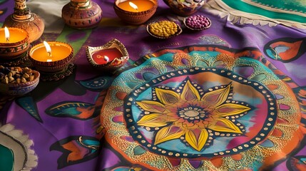 A photo of a traditional Diwali setup with oil lamps, sweets, and vibrant rangoli designs. 