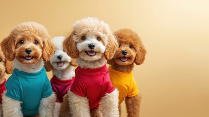 Fototapeta premium A group of adorable poodle dog puppies wearing vibrant and stylish outfits stand together against a solid background