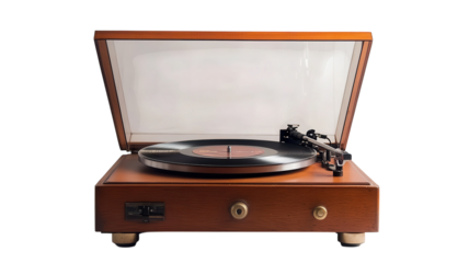 Classic Vinyl Record Player Emitting Nostalgic Vibes Perfect for Music Lovers and Retro Enthusiasts with a Spinning Record.