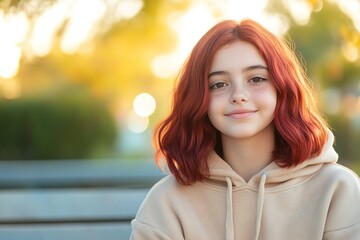Naklejka premium Red-haired teen with soft smile in sunset light