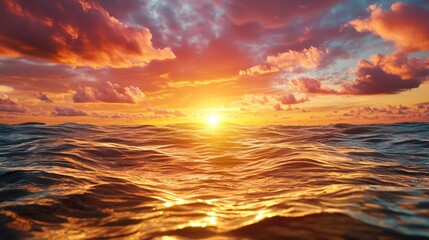 Obraz premium The digital art design depicts a breathtaking sunset over a calm ocean, with vibrant hues of orange, pink, and purple blending seamlessly across the sky as the sun dips below the horizon