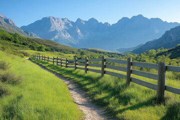 Mountain Trail Winds Through Green Valley Alongside Wooden Fence Peacefully