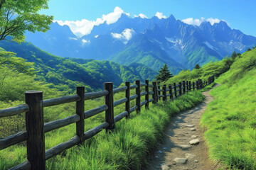 Fototapeta premium Mountain Trail Winds Through Lush Valley with Wooden Fence Peacefully