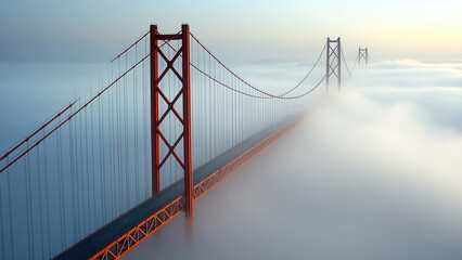 Obraz premium Suspension Bridge Towering Above Thick Morning Fog