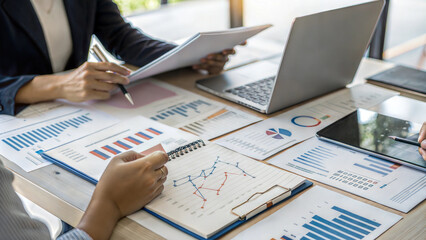 Modern Professional Collaborative Productive Focused Organized Bright Open Meeting room Office space Workspace Desk Laptops Tablets Charts Graphs Whiteboard Windows Plants Sunlight People Teamwork Dis