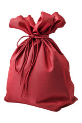 A classic deep red satin drawstring pouch or gift sack tied securely at the top isolated against a clean transparent background for packaging.