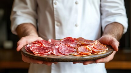 Artisan Butcher Displaying Cured Meats on Rustic Table - Vibrant Colors & Textures