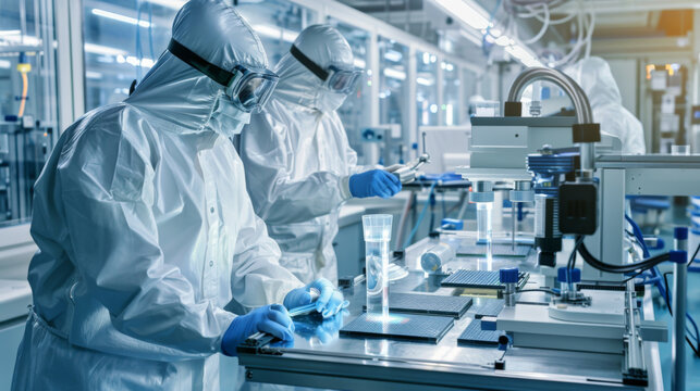 clean room in a semiconductor lab with engineers in protective suits using laserguided machinery to create microchips